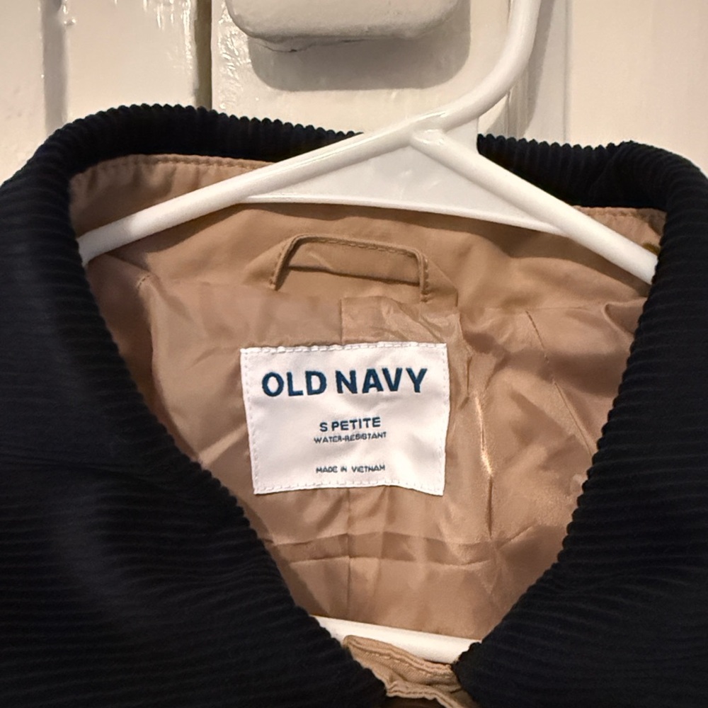 Old Navy Tan Rain Trench Coat with Corduroy Black Collar, Petite S - Picture 2 of 4